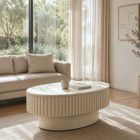 Tavolino ovale con vano nascosto 98 x 60 x 35 cm, MDF impiallacciato legno, crema DESVIAE (1/5)