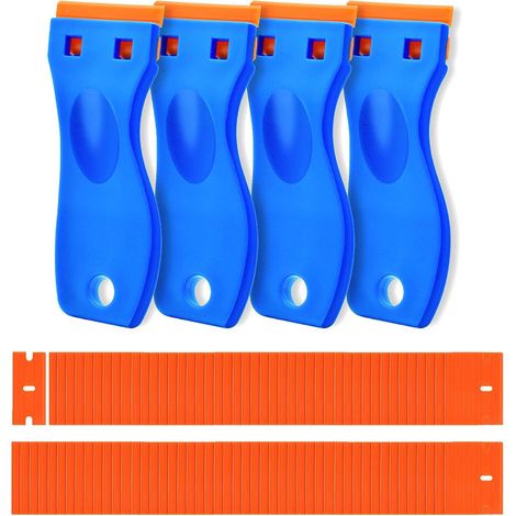 Grattoir à lame de rasoir en plastique (4 pièces) et 200 lames de rechange – Outil pour retirer étiquettes et autocollants sans rayer – Dissolvant d'adhésif (1/5)