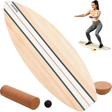 Planche d'équilibre en bois pour adultes, avec rouleau en liège, demi-sphère en liège et balle en caoutchouc, et surface antidérapante. (1/5)