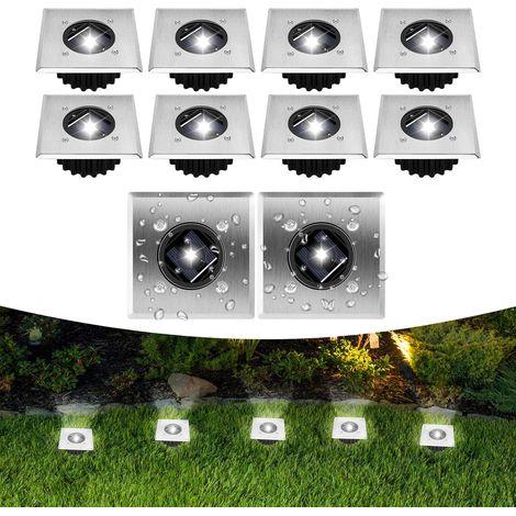 Solar-Bodenleuchten, 10er-Pack, IP65 Solar-Gartenleuchten für den Außenbereich, wasserdichte Solar-Strahler für Wege, Einfahrten, Rasenflächen, Terrassen, Höfe, Pools, Kaltweiß, quadratisch [Energiekl