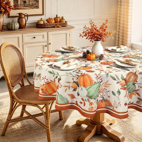 Nappe ronde motif citrouille d'automne, 180 cm, lavable
