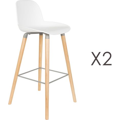 Lot de 2 tabourets de bar blancs et pieds naturels - KUIP