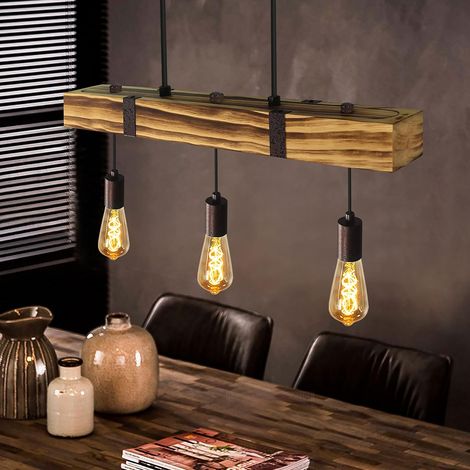 suspension de table à manger en bois vintage 61cm poutre en bois lampe de salle à manger rétro - 3 x E27 max 25 Watt - hauteur réglable pour bar salon salle à manger (1/5)