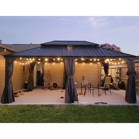Purple Leaf Pergola Aluminium Hardtop avec LED, Rideaux et Moustiquaires – Tonnelle à Double Toit en Acier Galvanisé – Pavillon Extérieur 6 x 4,25 m – Gris Anthracite