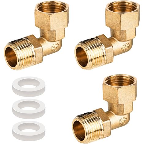 Juego de 3 racores giratorios de latón de 1/2", codo de 90°, rosca macho IG de 1/2" x 1/2", con junta, aptos para agua potable, sistemas de calefacción central y accesorios para tuberías de agua. (1/5)