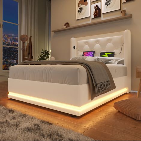 MEUBLIV Lit simple rembourré 90 x 200 cm blanc en pu avec rangement hydraulique tête de lit capitonnée usb type c et led 3 côtés cadre en acier (1/5)