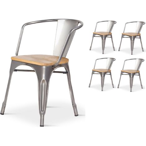 Kosmi – Lot de 4 chaises en métal brut effet galvanisé – Assise en bois clair – Accoudoirs – Charge max 120 kg – Empilables pour gain de place (1/3)