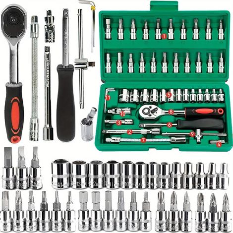 (46 pièces - Formats A4 et A5) Coffret d'outils Family Tools 1/4 pour la réparation automobile et la maison, comprenant douilles métriques, embouts hexagonaux et clé à cliquet. (1/5)