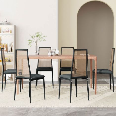 6er Set Esszimmerstühle - Skandinavisch - Gepolstert - Rattan & Metall - Höhenverstellbare Massivholzbeine