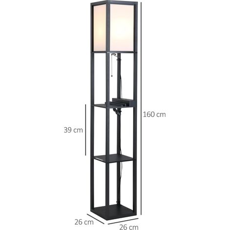 Lampadaire moderne, éclairage intérieur gain de place avec étagères pour salon, coton, MDF 26 x 26 x 160 cm, noir et blanc (1/5)
