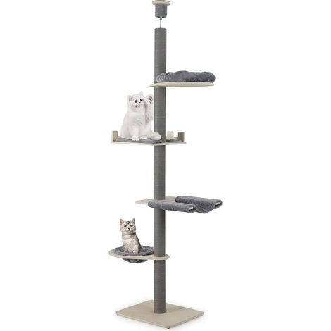COSTWAY Arbre a Chat Plafond, 236-271 cm Hauteur Réglable, Arbre à Chat XXL, 3 Plateformes, Ø9 cm Poteaux à Griffer, Panier, Hamac, Tour pour Chaton à 5 Niveaux, Coussins Amovibles Lavables (Gris) (1/5)