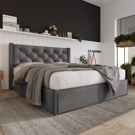 Lit coffre 140×200 cm gris moderne avec sommier métal & rangement – cadre tapissé coton (1/5)