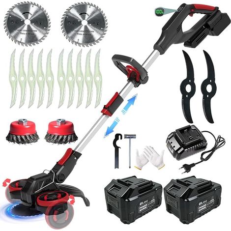 Cordless Electric Brushcutter, Cordless Edge Trimmer with 2 x 4.0Ah Battery and 4 Types of Blades, 21 V Brushless Battery Brushcutter with Weed Brush, Wheels, Black (1/2)