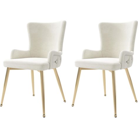 Juego de 2 sillas de comedor minimalistas modernas de terciopelo beige con cuatro patas de metal dorado, ideales para oficina en casa, sala de estar y dormitorio. (1/5)