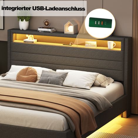 Lit double 160x200 cm avec port USB et éclairage LED, tête de lit réversible, pied de lit dissimulé, sommier plat, lit ado et adulte, tissu lin gris (1/5)