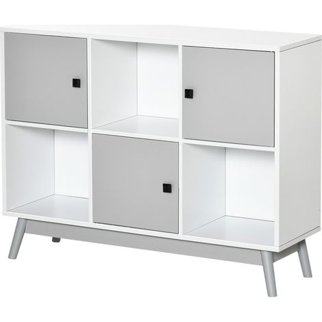 Buffet, meuble de rangement avec 3 portes et 3 compartiments ouverts, pieds en bois de pin, 96x30x75cm, blanc et gris