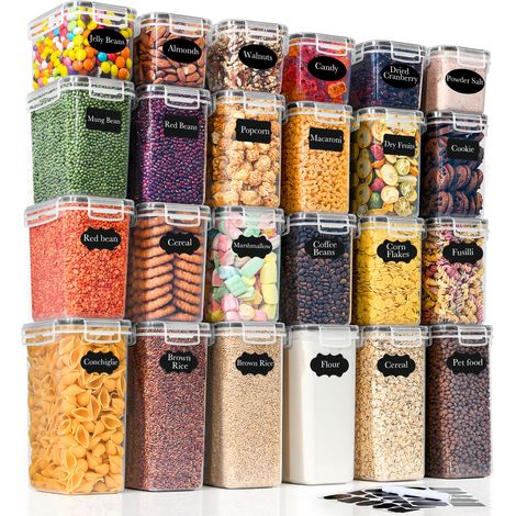 Lot de 24 bocaux hermétiques avec couvercles : bocaux de conservation avec étiquettes Boîtes de rangement pour céréales, farine, corn flakes et sucre Sans BPA (1/5)