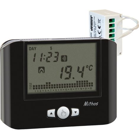 VEMER VE426300 SET MITHOS RF - Set composto da 1 Cronotermostato RF da Parete a Batterie + 1 Attuatore Remoto RF, Nero (1/2)