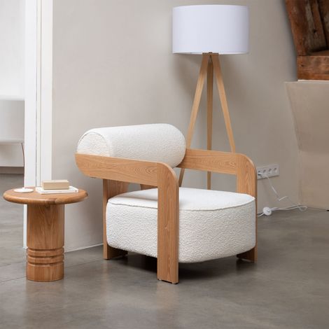Fauteuil lounge 72,5x76x76 cm en frêne massif et tissu bouclette beige (1/5)