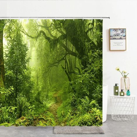 3D-gedruckter Duschvorhang mit Waldmotiv, 180 x 200 cm, wasserdicht und waschbar, mit Haken. Maße: B 180 x H 240 cm.