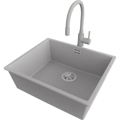 PRIMAGRAN Evier Sous Plan 56x47cm,Evier en Granit 1 bac + Robinet 38x14cm + Kit de Vidage, Évier au meuble 60cm - London, Gris (1/5)