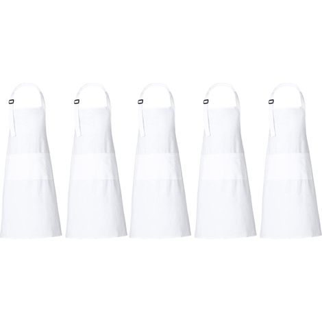 Ensemble de 5 tabliers blancs - Tablier de cuisine avec des poches avant et une courroie de cou ajustable pour la cuisine de l'hôtel Et en tissu 100% coton -66cm x 88cm (1/5)