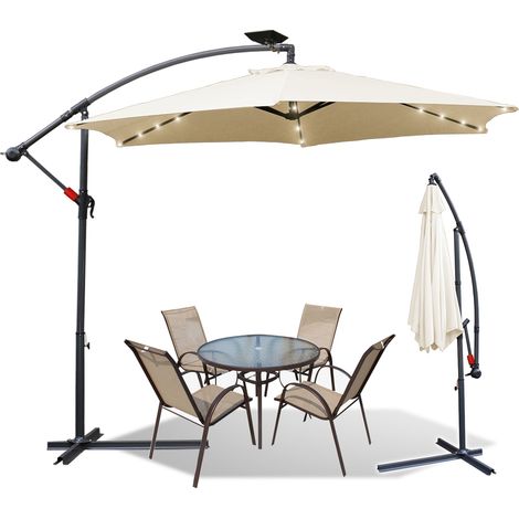 EINFEBEN Parasol beige LED solaire Ø350cm feu tricolore parasol jardin parasol marché parasol manivelle balcon aluminium inclinable (1/5)