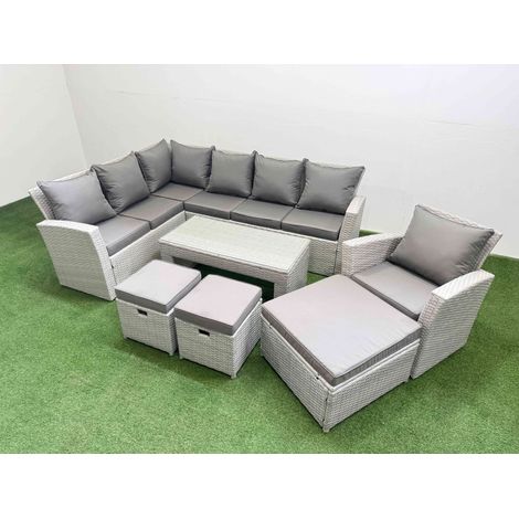Fimous Rattan Garden Furniture Set Outdoor 10 Seater Corner Sofa Sets with Oblong Coffee Table Chair 3 Footstools Light Grey Mixed (1/5)