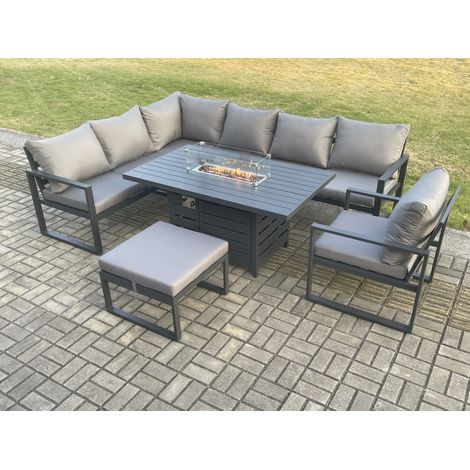 Fimous Aluminium Outdoor Garden Furniture Corner Sofa Gas Fire Pit Dining Table Sets Gas Heater Burner with Chair Big Footstool Dark Grey 8 Seater (1/5)
