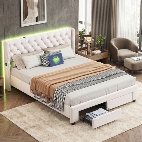 Cama con cajones 160×200 cm - Cama doble de adulto tapizada con somier de láminas, LED, USB y bolsillos de almacenaje - Terciopelo - Beige (1/5)