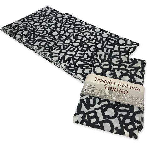 TOVAGLIA ANTIMACCHIA RESINATA TORINO LETTERE BIANCO NERO Cm. 140x140 x4 persone (1/2)