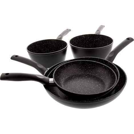 Pradel Excellence, P0002063/55005Mn, Set di 3 padelle 20,24,28 cm + 2 pentole da 18,20 cm, in pietra esterna, colore nero, forma rotonda (1/5)