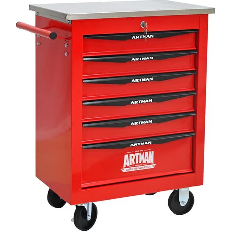 Chariot à outils multifonction à 6 tiroirs avec roulettes, rangement métallique pour garage, atelier, entrepôt et atelier de réparation, avec toit en acier inoxydable - rouge et noir (RED&BLACK)