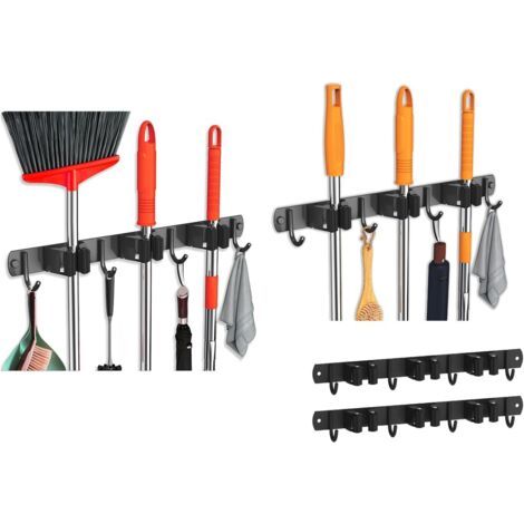 Ensemble avec 2 pièces porte-brosse mural, porte-outils composé de 3 supports et 4 crochets, porte-balai auto-adhésif organisateur d'outils pour la maison, la cuisine et la salle de bain (1/5)