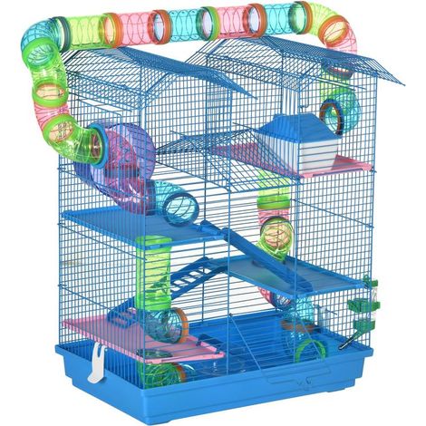 Cage pour hamster bleue avec tubes, plateformes, mangeoire, biberon et roue, 47x30x59 cm, habitat complet design ludique