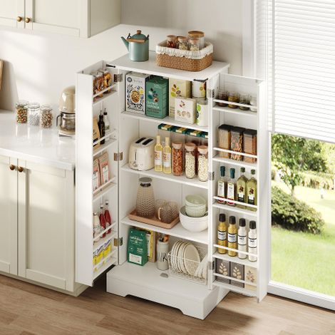 Küchenschrank mit LED-Sensorlicht und Gewürzregal, Großzügiger Doppeltür-Schrank mit Verstellbaren Regalböden und Modernem Türdesign