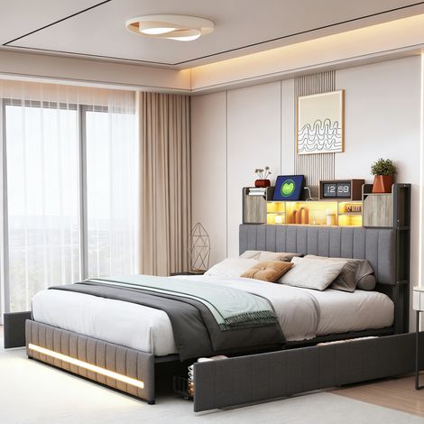 Letto imbottito 140x200 cm con cassetto e USB, letto matrimoniale con mensola integrata e LED regolabile, rete a doghe