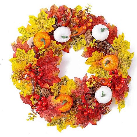 15-Zoll-Herbstkranz, künstlicher Herbstkranz, Erntedank-Girlande mit Ahornblättern, Kürbissen, Tannenzapfen und Beeren, Halloween-Türkranz im Landhausstil
