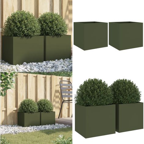 Pflanzkübel 2 Stk. Olivgrün 32x30x29 cm Stahl - Blumentopf - Stahltöpfen - Gartendeko - Balkonpflanzen - Terrasse Bepflanzung - Home & Living (1/5)