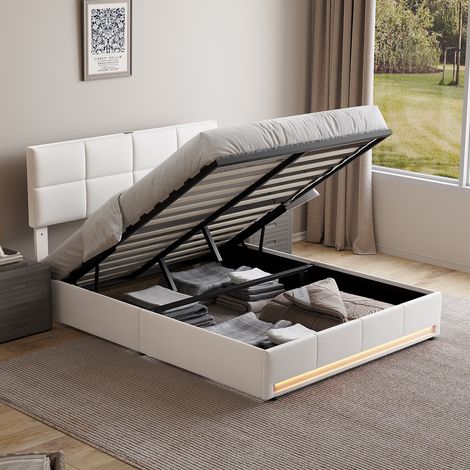 Letto matrimoniale imbottito 160x200 cm, struttura in velluto beige, testiera con stazione di ricarica USB + Type-C, contenitore + illuminazione a LED (1/5)