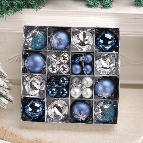 Blaue und silberfarbene Weihnachtskugeln aus Kunststoff (6 cm) in verschiedenen Formen – bemalte Hängedekorationen (Geschenkset) (1/4)