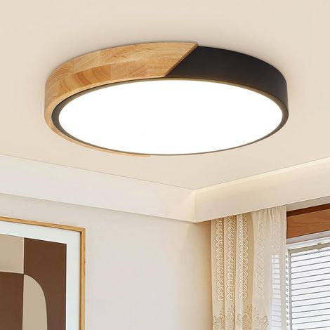 Bois Luminaire Plafonnier LED Rond, 24W Noir Lampe Plafond Chambre Lampe de Plafond LED 30cm, 4500K Blanc Neutre, 2400LM Moderne Led Plafonnier Intérieur pour Cuisine, Salon, Bureau, Couloir (1/5)