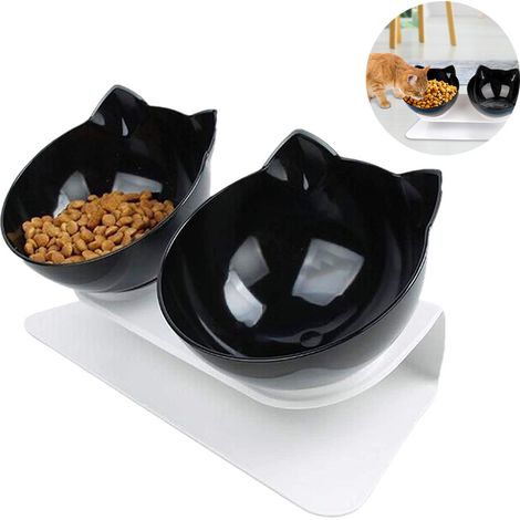 Gamelle double surélevée en plastique, pour nourrir les chats et les petits chiens, avec fond surélevé, motif tête de chat mignon (1/5)