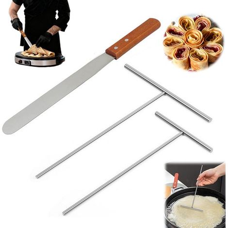 Ensemble de 3 pièces : séparateur de poêle, séparateur à crêpes, spatule à crêpes, acier inoxydable, nettoyeur de crêpes. Spatule à crêpes en acier inoxydable de 32 cm avec manche en bois (13,1 et 18, (1/5)