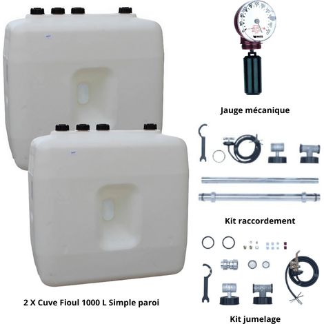 Roth – Pack de 2 cuves à fioul 1000 L – Polyéthylène imputrescible – Kit de raccordement n°5 pour jumelage – Jauge mécanique verticale