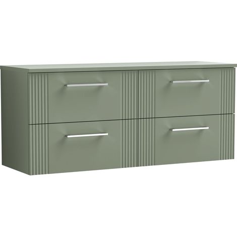 Belvide Partial Fluted 4 Drawer Wall Hung Vanity Unit with Colour Coordinating Worktop - 600mm - Satin Green