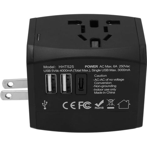 6A Universal-Reiseadapter mit USB-C- und USB 3.0-Anschlüssen – Internationales Ladegerät für USA, EU, Großbritannien (100–240 V), Schwarz