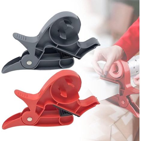 2er-Pack verschiebbare Geschenkpapier-Schneideclips mit Klebebandabroller (grau & rot). (1/5)