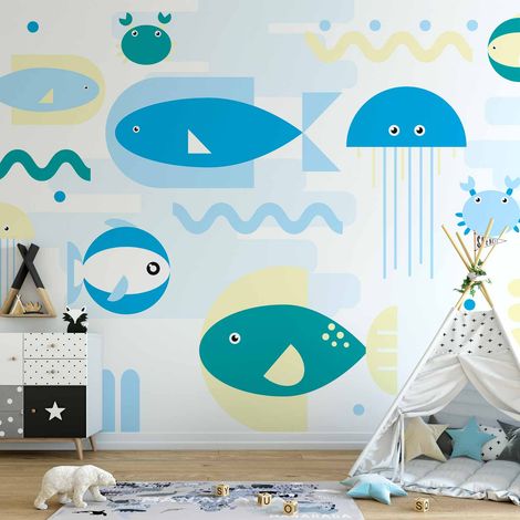Papier peint photo - Animaux marins - Poissons bleus géométriques dans l'eau pour enfants (1/5)