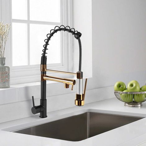 Rubinetto da Cucina con Molla a Spirale Girevole a 360° 2 Modalità di Spruzzatura, Doccetta Estraibile per Lavello da Cucina, Nero Oro